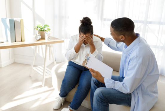 adult man talking with the adult lady